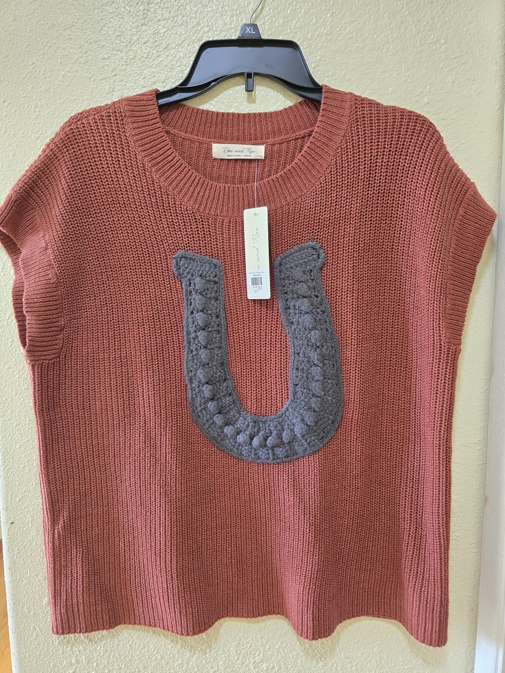 Rust Knit Sleeveless Sweater with Gray Appliqué U - Doe And Rae